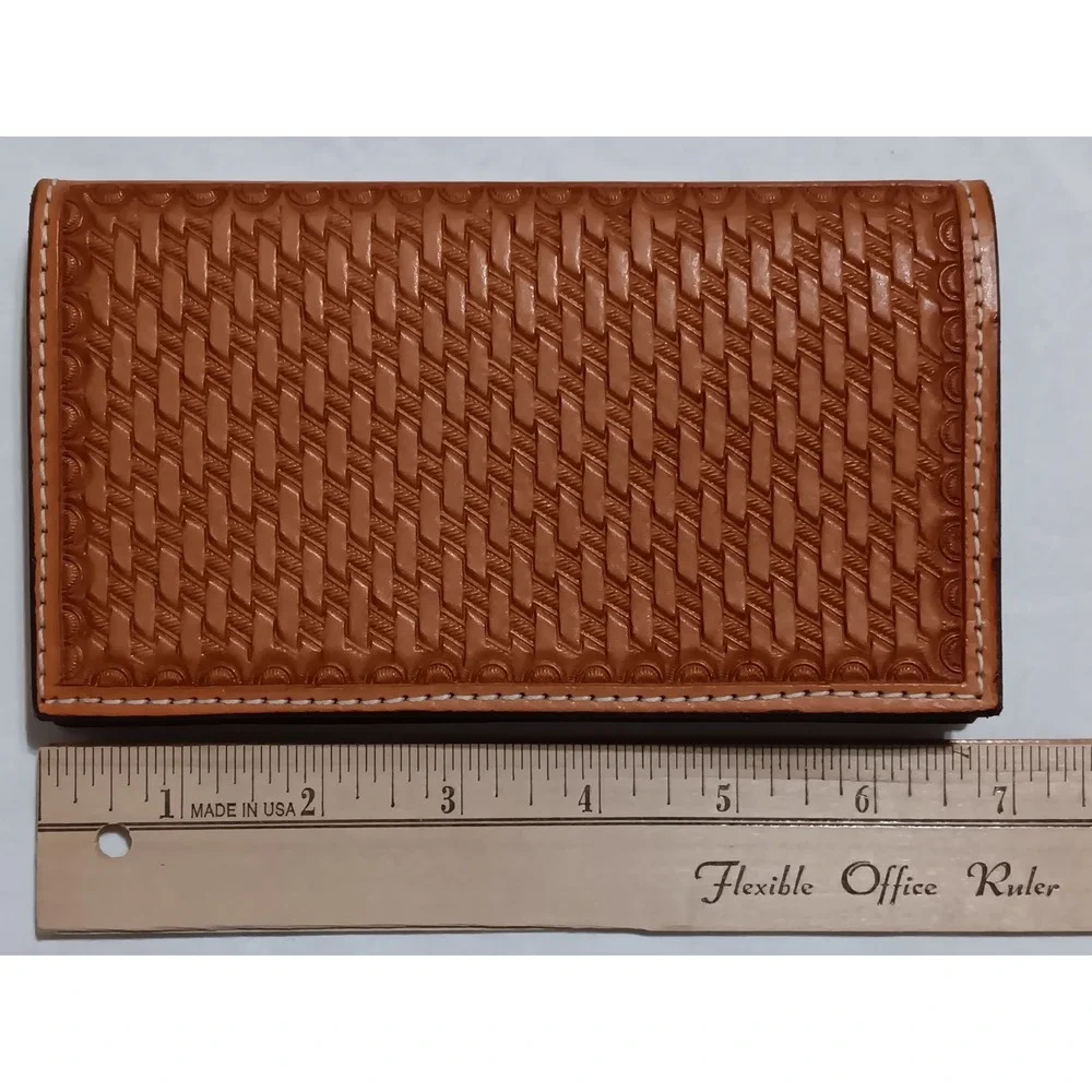 Ray Frazier Handmade Tooled Leather Basketweave Western Bifold Wallet Tan Brown